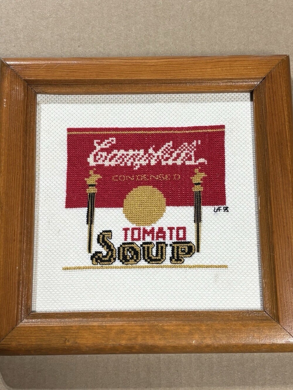 Vintage Campbell Soup Logo Can Detailed Handmade Needlepoint Framed 1995 UF 7x7